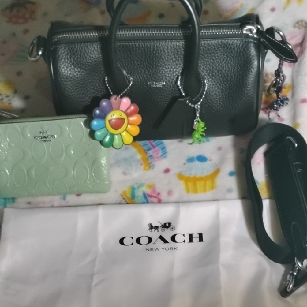Coach Black Leather Compass 25 With Coach Green Monogam Wristlet/ Charms